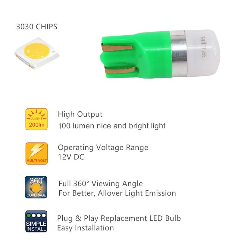 WLJH Green 194 Led Lights Car Dashboard Instrument Panel Bulbs Gauge Tach Speedometer 168 2825 T10 Led Bulb PC195 PC194 Twist Socket Dash Cluster, Pack of 6 - Image 4